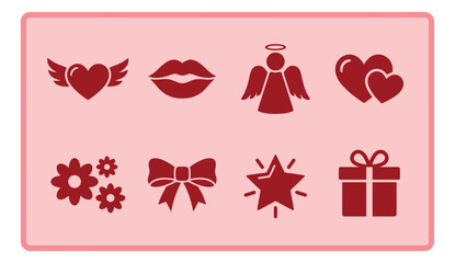 Obraz premium Flat icon set of 8 Valentine's Day symbols featuring winged heart, lips, angel, flowers, bow, star and gift for romantic design
