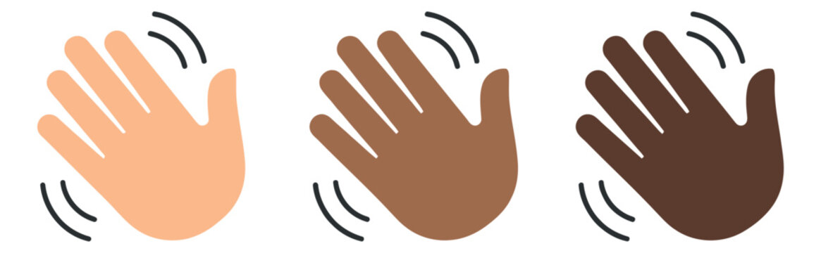 Flat icon set of 3 waving hand gestures featuring diverse skin tones for inclusion and greeting design