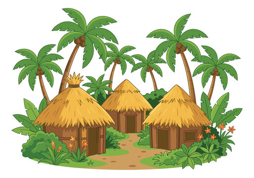 Cartoon illustration of a tropical village depicting thatched huts surrounded by palm trees and lush jungle foliage for travel and game design