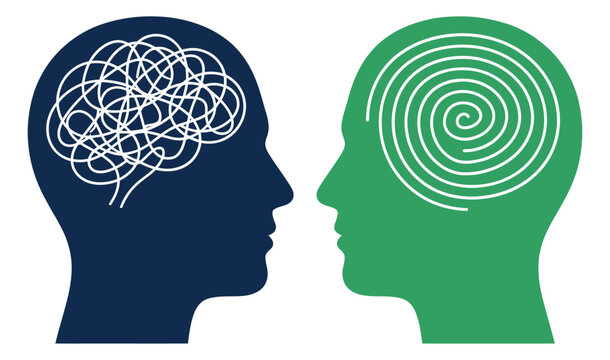 Flat silhouette illustration of two human heads depicting chaotic versus organized thinking for mental health and psychology design