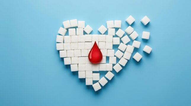 Heart shape made of sugar cubes with a red blood drop