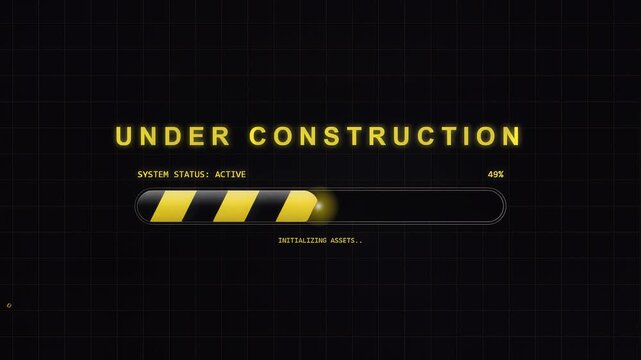 Under construction loading screen with dynamic progress bar, glowing yellow text, black background, initializing assets, symbolizing development, progress, and digital transformation