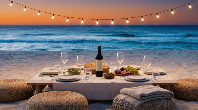 Romantic beach dinner setup at sunset with wine, food, and string lights for couples, honeymoon or anniversary celebration on the sand by the ocean waves