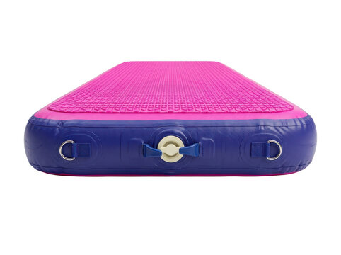 A vibrant pink and blue inflatable air track mat for gymnastics training isolated on a clean white background in a studio shot.