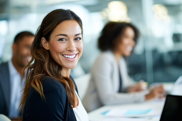 Fototapeta premium Portrait of happy young very attractive businesswoman CEO manager in a skirt in a business meeting looking at camera