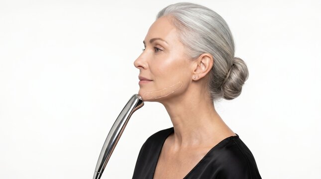 Elegant mature woman receiving microcurrent face lift massage on her jawline with coupling gel