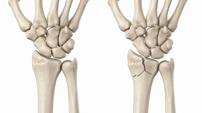 Anatomy comparison of a healthy human wrist joint versus a distal radius fracture showing bone structure damage