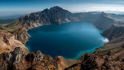 Fototapeta premium Breathtaking panoramic view of the majestic volcanic crater lake at Changbai Mountain.