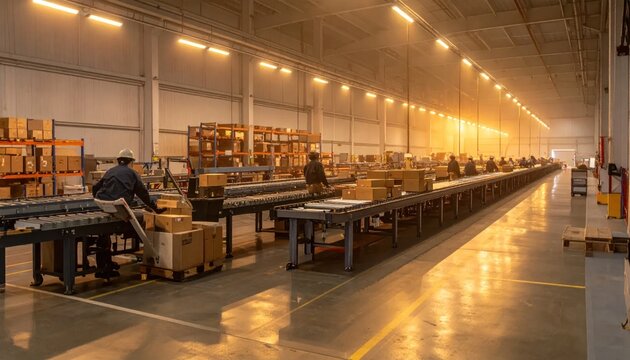 Busy warehouse interior with workers and conveyor belts.