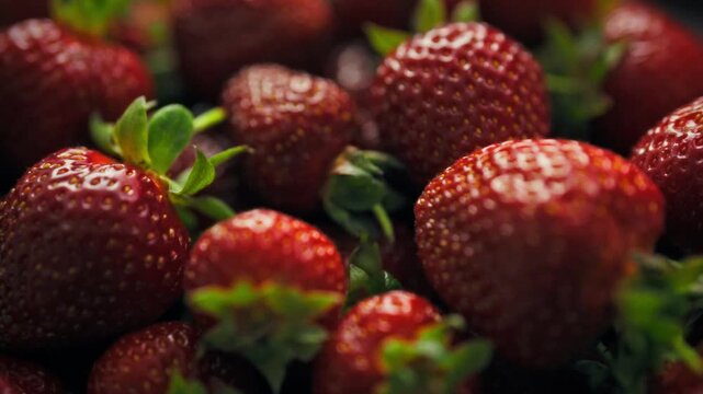 Close-up of strawberries. A freshly harvested harvest of red berries lies on the table. Concept of fresh fruits and berries during the summer harvest season