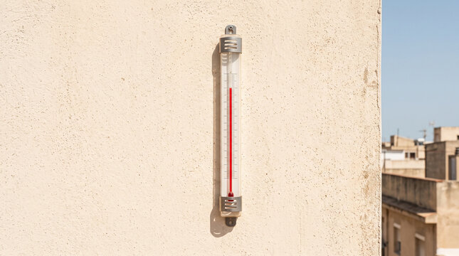 Outdoor thermometer showing high temperature on sunlit wall, extreme summer heat wave and hot weather warning concept