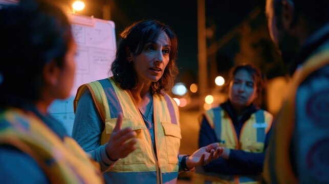 Team leader directing emergency response at night with colleagues by planning board