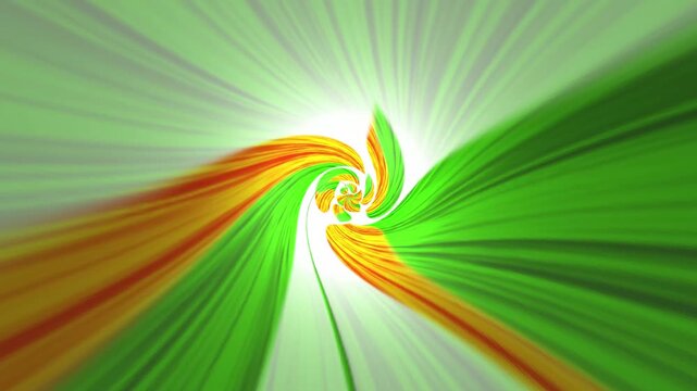 A vibrant seamless loop animation of green and orange light rays twisting out from a bright white central spiral vortex in a kaleidoscope style.