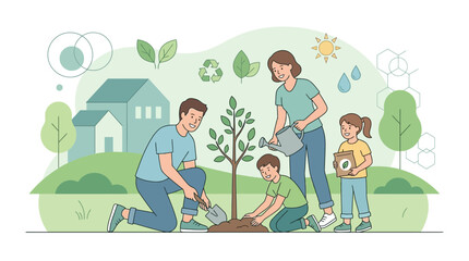 Fototapeta premium Family planting tree garden, eco-friendly lifestyle, green environment and sustainability