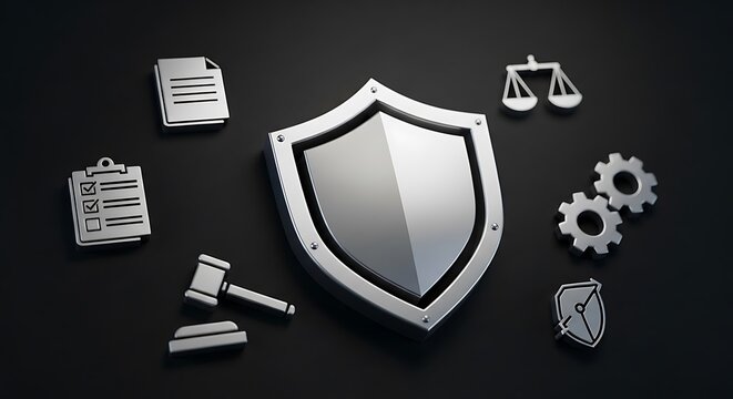 Metallic shield surrounded by icons representing law, regulations, and legal protection