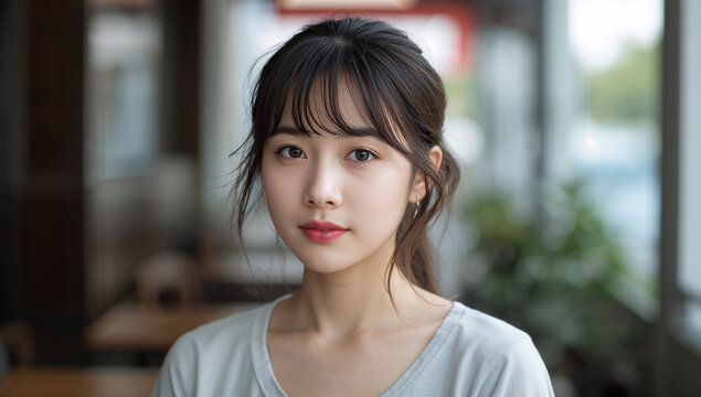 透明感のある表情の日本人女性を自然光で写したポートレート