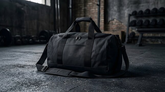 Black athletic duffel bag mockup on a dark industrial gym floor with dumbbells and weightlifting equipment in blurred background, featuring canvas texture and sturdy straps.