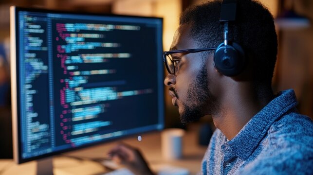 A man wearing glasses and headphones looks at a computer screen displaying code