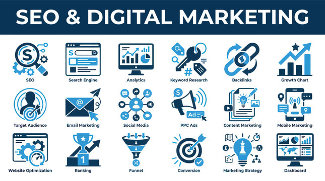 SEO Digital Marketing Blue Line Icon Set &ndash; Search Engine Optimization, Analytics and Online Advertising Vector Outline Icons