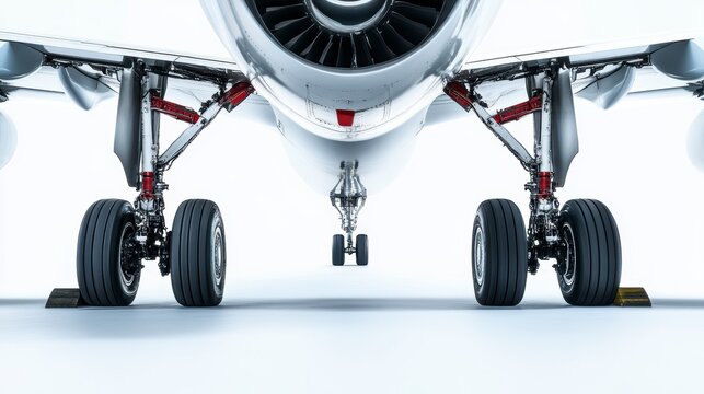 Close-up view of airplane landing gear, wheels, and engine.