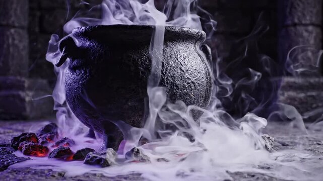 Cauldron bubbling with thick smoke and glowing embers, magical potion brewing, dark fantasy atmosphere, halloween concept