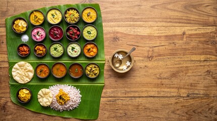 Fototapeta premium Festive Indian vegetarian sadya meal with colorful curry bowls, rice and papadam served on green banana leaf on wooden table, top view.