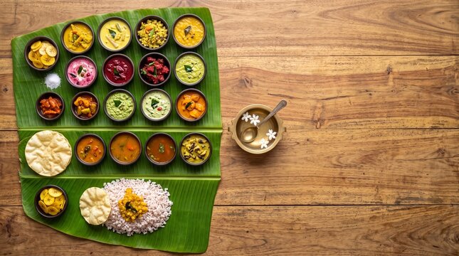 Festive Indian vegetarian sadya meal with colorful curry bowls, rice and papadam served on green banana leaf on wooden table, top view.