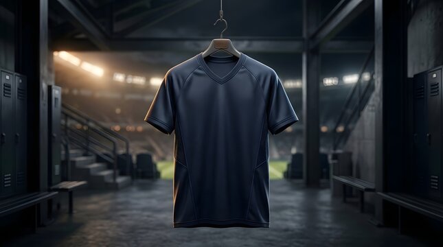 Blank dark navy blue athletic sports jersey mockup hanging on a hanger in a professional locker room setting with blurred stadium lights and gym lockers in the background view.
