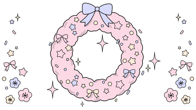クリスマス。正月。年末年始。年賀。パステルカラーがゆめかわいい、カラフルなリース。黒縁のアウトライン。リボン、星、キラキラ、梅、花。ホワイトスペース。
