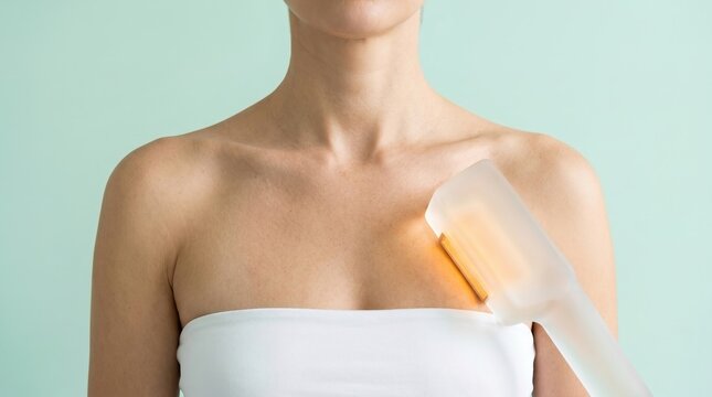 Woman receiving IPL laser skin rejuvenation treatment on her decolletage area at a clinic