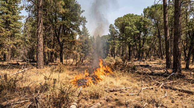 Wildfire burning dry forest during extreme heat wave, flames and smoke showing climate change risk, drought and summer fire danger