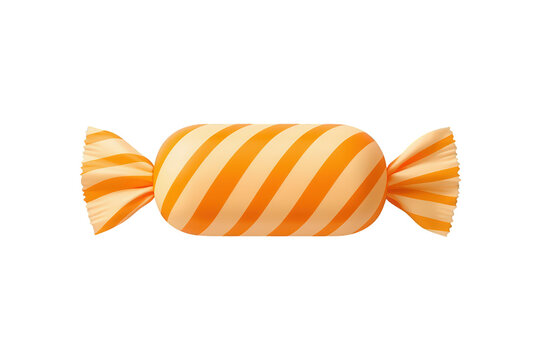 Wrapped candy with orange and white diagonal stripes, a sweet confection for treats and snacks on transparent background