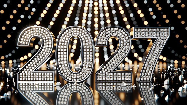 Elegant 2027 text covered in diamonds and small gems with bokeh light effect on black background festive design.