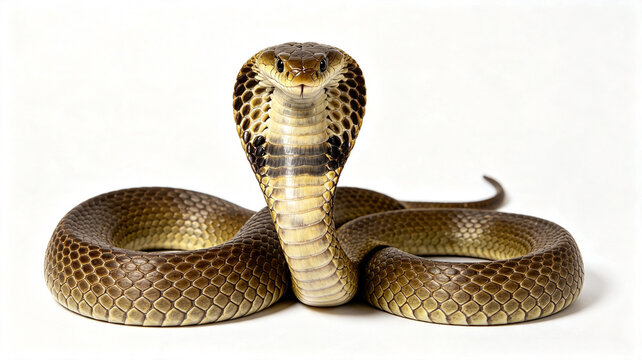A full-body King Cobra coiled in a natural alert pose with isolated on pure white background