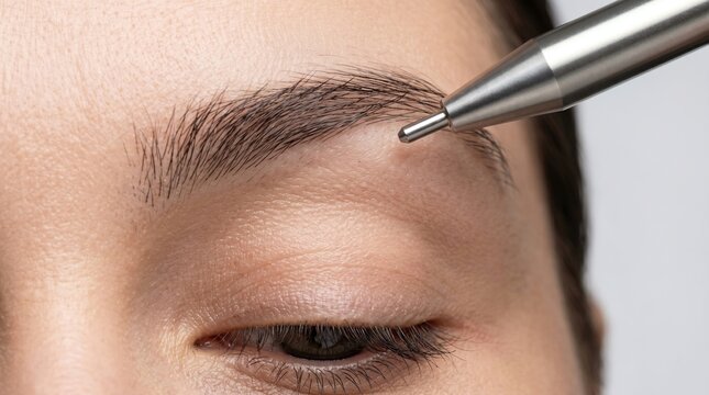 Macro close up of electrolysis hair removal or microblading pen needle near woman eyebrow