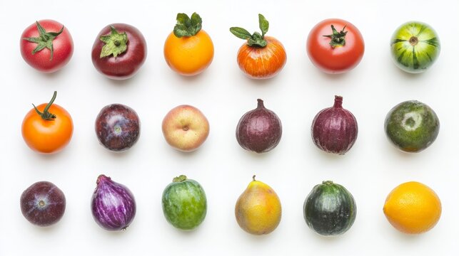 Colorful assortment of fresh fruits and vegetables arranged in rows on white background.