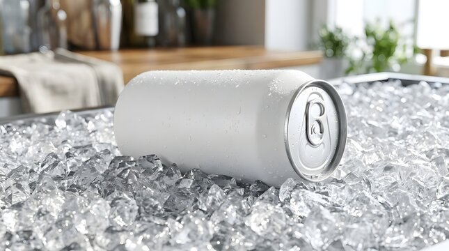Blank white aluminum soda can mockup with condensation droplets lying horizontally on bed of crushed ice, blurred kitchen background, close-up chilled beverage container for branding.