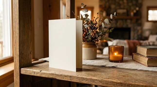Blank white greeting card mockup on rustic wood table near lit amber candle, vintage books, and dried eucalyptus. Blurred cozy living room background with warm light.
