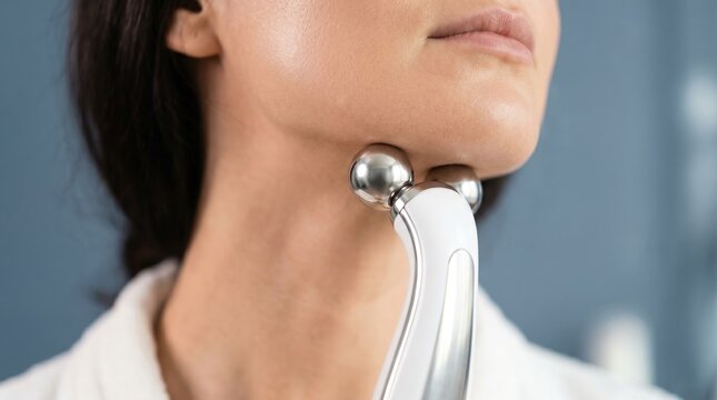 Close up of a woman receiving facial massage and lifting with double metal roller device on her jawline