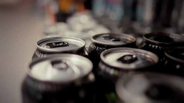 Smooth camera movement. Close-up of beer and soda cans on store shelves. Aluminum beverage cans sit on a store shelf. Store display concept