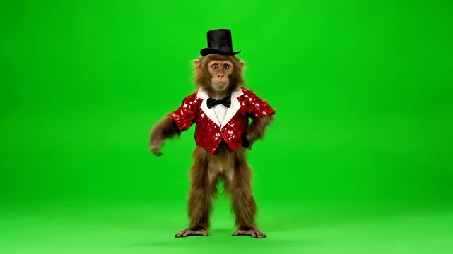 Adorable monkey performer in a sparkling red sequin jacket and classic top hat standing confidently on a vibrant green screen, ready for a captivating show or an entertaining act