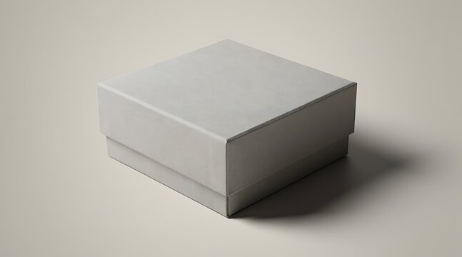 A simple closed light gray gift box sits on a plain background casting a soft shadow.