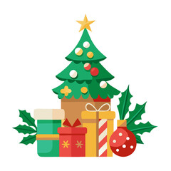 Fototapeta premium Festive fir tree with decorative festive elements isolated on white background design