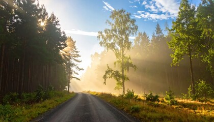 Fototapeta premium Sun rays shining through misty trees on forest road