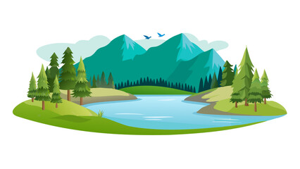 Fototapeta premium Mountain lake landscape illustration. Scenic nature view with pine trees and blue water.