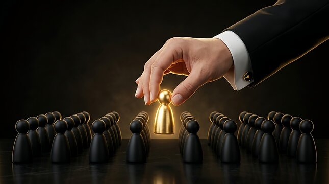 Executive hand selecting a standout golden figure from a row of identical black pawns representing business leadership and recruitment strategy