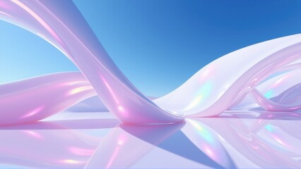 Fototapeta na wymiar Abstract fluid shapes, pastel colors, smooth curves. Reflective surface creates symmetrical visual impact. Light plays across forms.