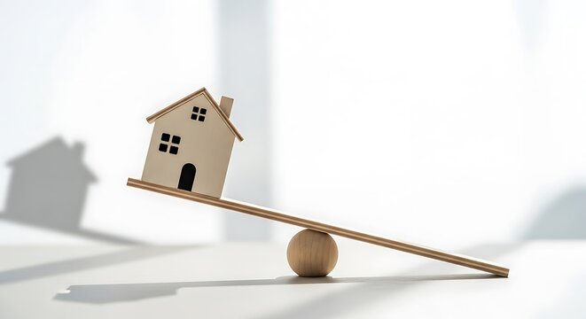 Miniature house balanced on a wooden plank seesaw, with a shadow in a white space