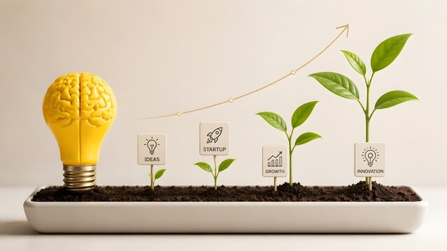 Yellow brain lightbulb with growing plants and upward arrow representing progressive business growth and fresh creative ideas