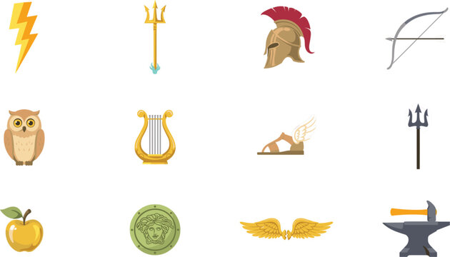 Ancient Greek Mythology Icon Set Featuring Olympian Gods Symbols Mythological Elements and Historical Artifact Vectors for Creative Graphic Design Projects